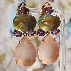 BOUNKIT Gemstone Gold Tone Clip Earrings Prong Set Signed 14kt Plated Luxury